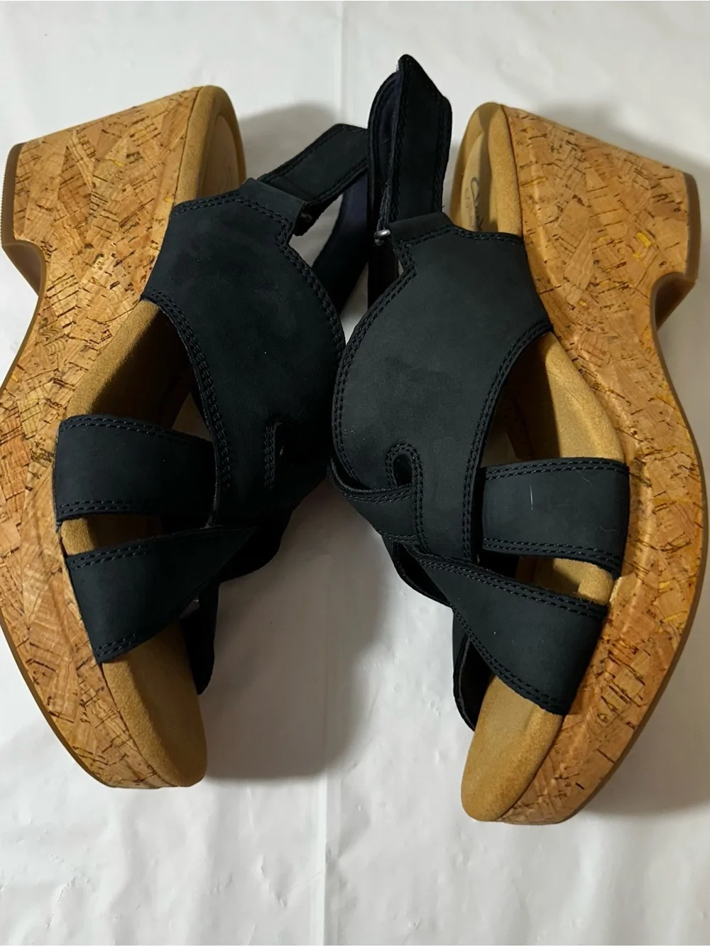 Clarks‎ Black Suede Cork Wedge Sandals Size 11